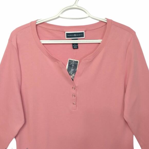 Karen Scott Cotton Henley Top Size M 3/4 Sleeves Dark Pink New - Picture 3 of 7